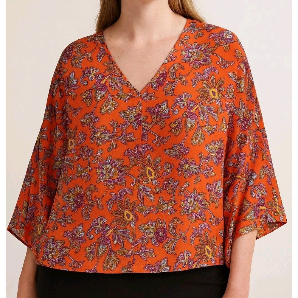Antoine &‎ Lili Paisley Blouse 3/4 Kimono Sleeve Paisley Orange Floral V-Neck